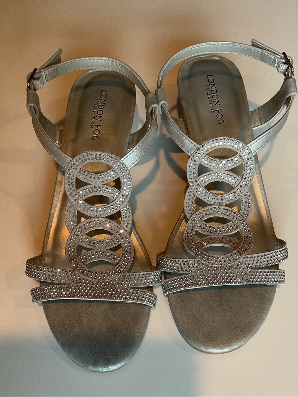 London Fog Silver Rhinestone T-Strap Dress Sandals